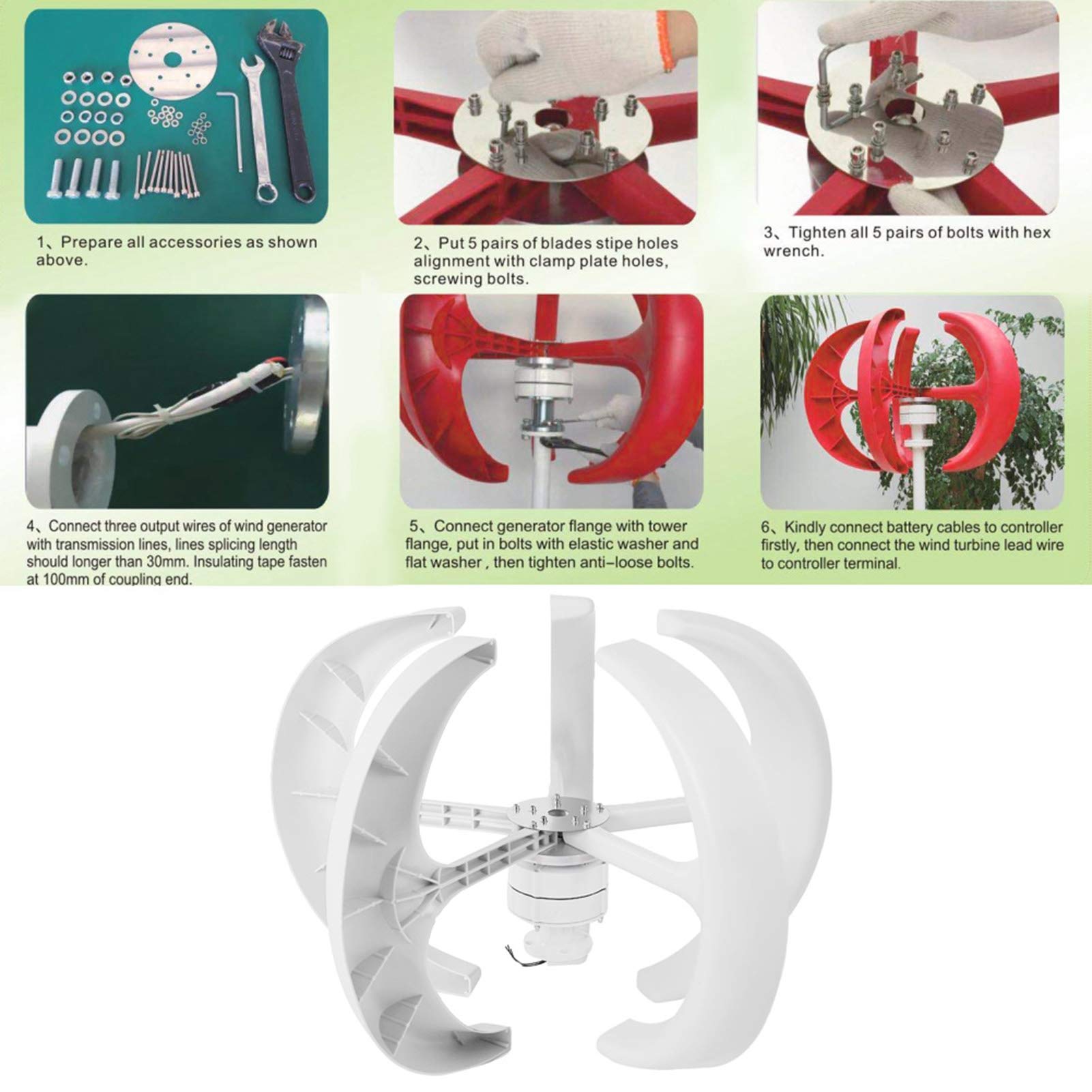 Wind Turbine, 600W DC12V Vertical Wind Generator 5 Blades Wind Turbine Generator Kit Electricity Producer Equipment for Hybrid Wind Solar System, White