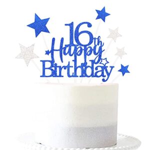 pargleev glittery 16th cake topper with star boys and girls 16th birthday party supplies, sixteen years old birthday party decorations royal blue