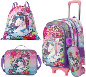 egchescebo kids rolling school backpack bags for girls with wheels trolley roller wheeled 5pcs with lunch box cute unicorn pattern rolling backpacks bags girls pink