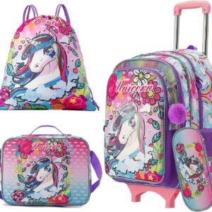 Egchescebo Kids Rolling School Backpack Bags for Girls With Wheels Trolley Roller Wheeled 5PCS With Lunch Box Cute Unicorn Pattern Rolling Backpacks Bags Girls Pink