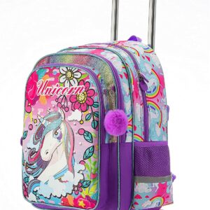 Egchescebo Kids Rolling School Backpack Bags for Girls With Wheels Trolley Roller Wheeled 5PCS With Lunch Box Cute Unicorn Pattern Rolling Backpacks Bags Girls Pink