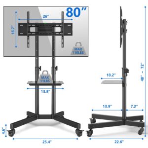 Rfiver Mobile TV Cart with Wheels, 32-80 Inch TV Stand for LCD LED OLED Flat Curved Screens, Height Adjustable Rolling Floor TV Stand, Portable Outdoor TV Trolley with Laptop Shelf, Tall TV Stand