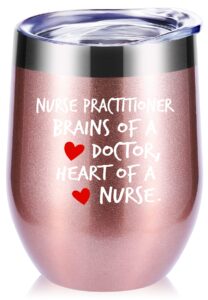 momocici nurse practitioner brains of a doctor, heart of a nurse 12 oz wine glasses tumbler.gifts for nurse.birthday,christmas,graduation gifts for friends,daughter,men,women mug(rose gold)