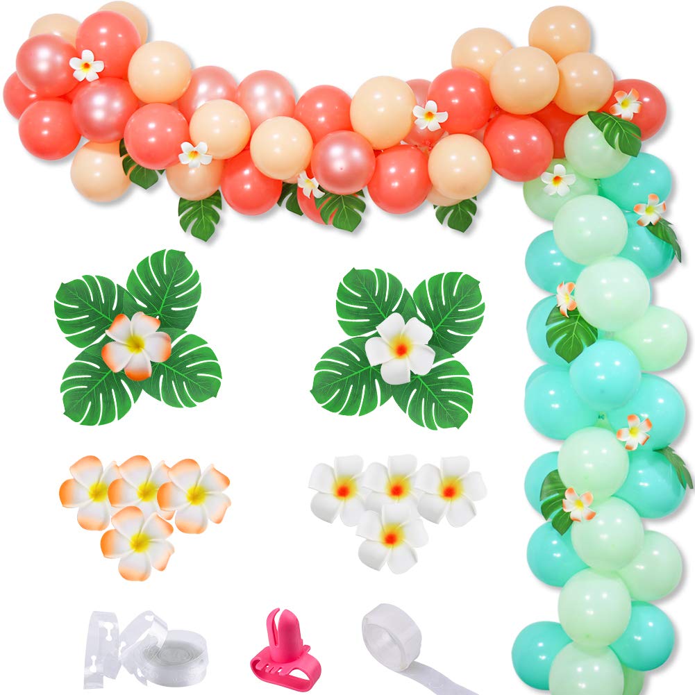 Tropical Balloon Garland Arch Kit, Hawaii Luau Balloon Garland with Palm Leaves Plumeria for Tropical Party Decorations Aloha Luau Party Girls Baby Shower Moana Birthday Decorations