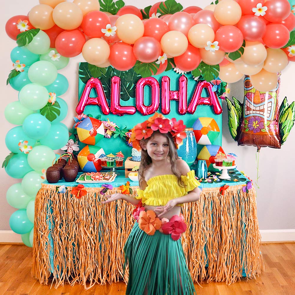 Tropical Balloon Garland Arch Kit, Hawaii Luau Balloon Garland with Palm Leaves Plumeria for Tropical Party Decorations Aloha Luau Party Girls Baby Shower Moana Birthday Decorations