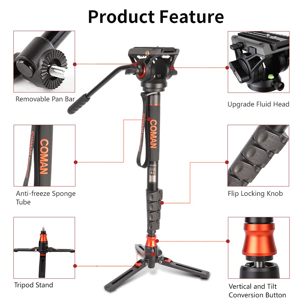Famall Monopod with Feet, Coman Professional Video Camera Monopod with Tripod Stand 70.6 inch Max Load 22 Lbs for Cameras, Canon, Nikon, Sony, DSLR, Video Camcorder