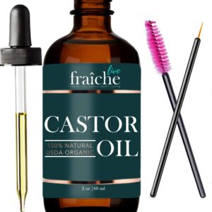 Organic Castor Oil (2oz) + FREE Lash Serum Mascara Starter Kit - USDA Approved Pure Cold Pressed Hexane Free Natural Hair Growth Oil - Live Fraiche Eyebrow Growth Serum & Oil Treatment For Hair