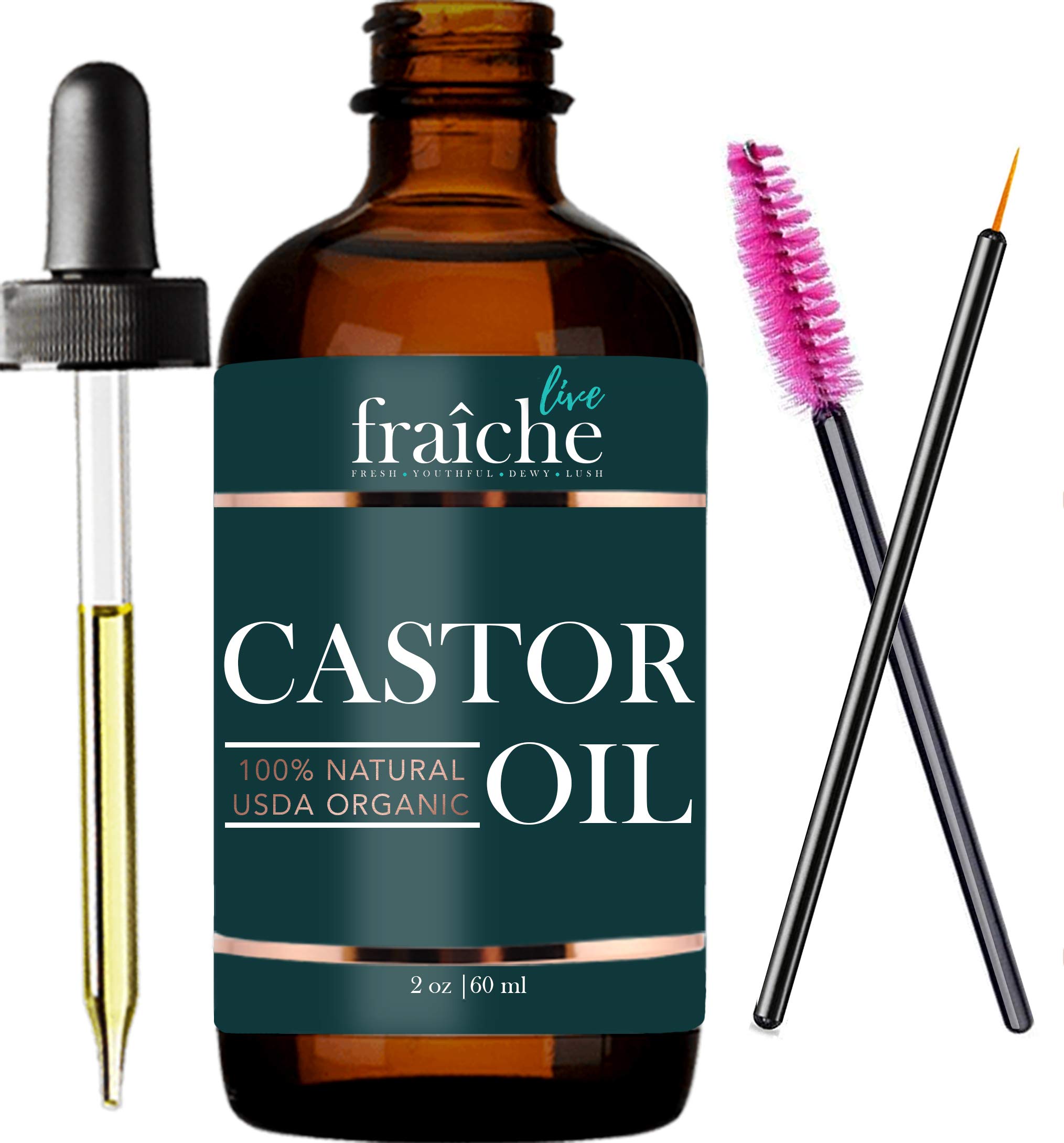 Organic Castor Oil (2oz) + FREE Lash Serum Mascara Starter Kit - USDA Approved Pure Cold Pressed Hexane Free Natural Hair Growth Oil - Live Fraiche Eyebrow Growth Serum & Oil Treatment For Hair