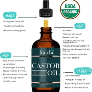 Organic Castor Oil (2oz) + FREE Lash Serum Mascara Starter Kit - USDA Approved Pure Cold Pressed Hexane Free Natural Hair Growth Oil - Live Fraiche Eyebrow Growth Serum & Oil Treatment For Hair