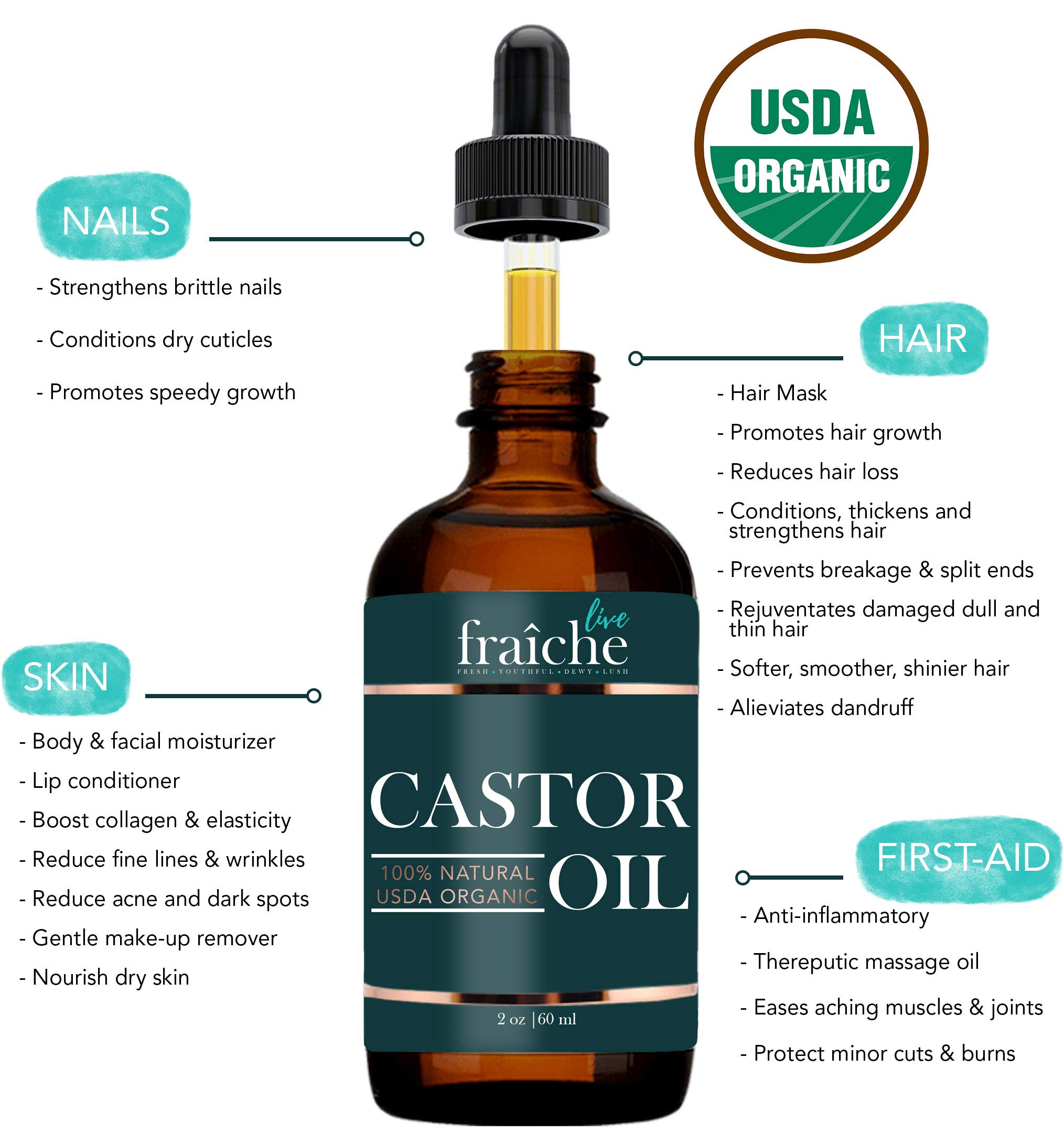 Organic Castor Oil (2oz) + FREE Lash Serum Mascara Starter Kit - USDA Approved Pure Cold Pressed Hexane Free Natural Hair Growth Oil - Live Fraiche Eyebrow Growth Serum & Oil Treatment For Hair