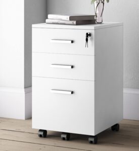lazio 26 inch file cabinet with lock - filing cabinet for home and office - 3 drawer file cabinet with wheels for a4 sized letters/documents, legal sized documents, hanging file folders - white/white