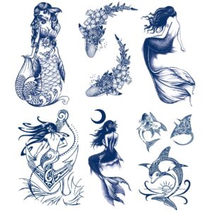 semi permanent mermaid tattoos, 6-sheet 100% plant-based ink infinity fake shark tattoo stickers, 2 weeks long last waterproof tattoos for adults men women girls kids