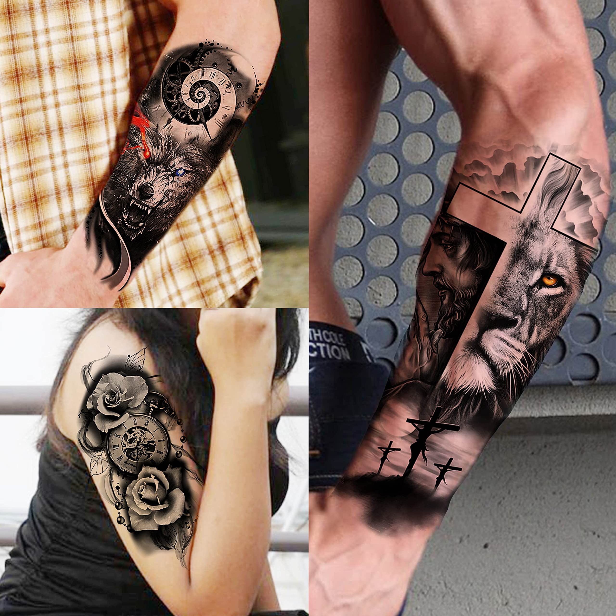 COKTAK 68 Sheets Large Half Arm Sleeve Temporary Tattoos For Men Women Forearm, Tribal Wolf Tiger Lion Owl Skull Temp Halloween Fake Tattoo Stickers Adults, Black Realistic Tattoo Flower Rose Animals