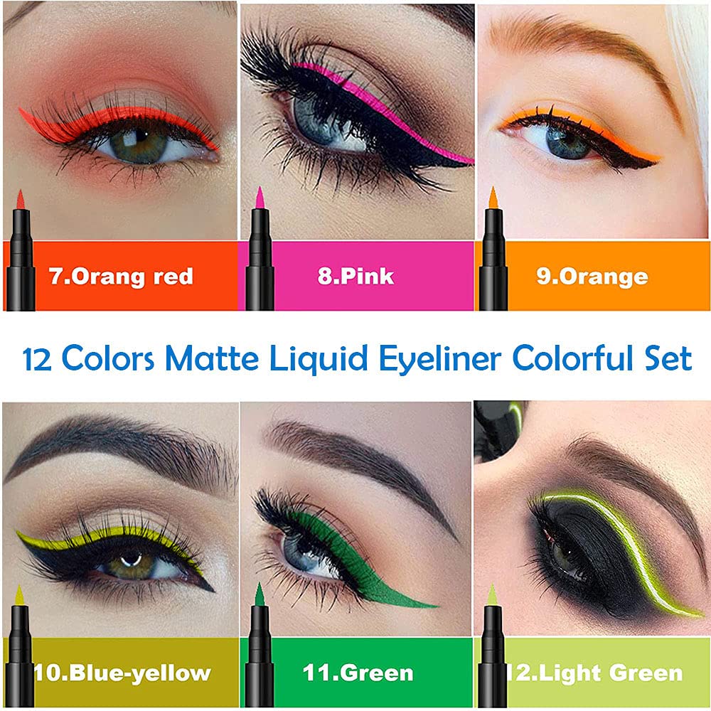 evpct 12Pcs Colors Matte Waterproof Colored Liquid Eyeliner Colorful Set Rainbow Colorful Neon Winged Eyeliner Stamp Shapes delineador de ojos de colores Red Orange Pink Black Blue Liquid Eye Liners