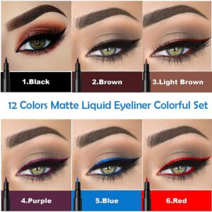 evpct 12Pcs Colors Matte Waterproof Colored Liquid Eyeliner Colorful Set Rainbow Colorful Neon Winged Eyeliner Stamp Shapes delineador de ojos de colores Red Orange Pink Black Blue Liquid Eye Liners