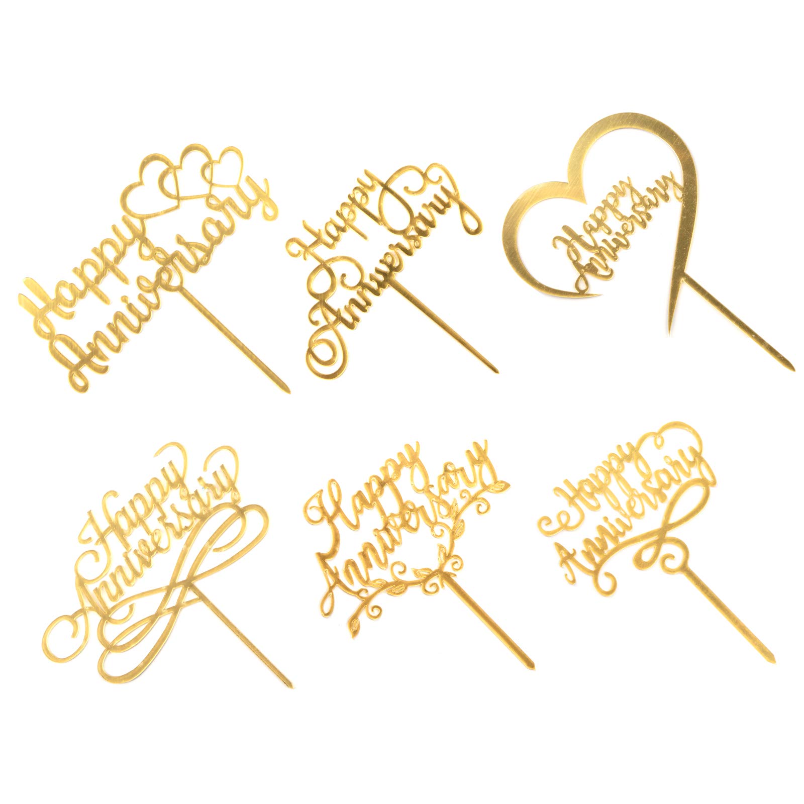 6pcs Happy Anniversary Cake Topper, Gold Sliver Wedding Anniversary Acrylic Cake Toppers, Happy Anniversary Party Decorating supplies