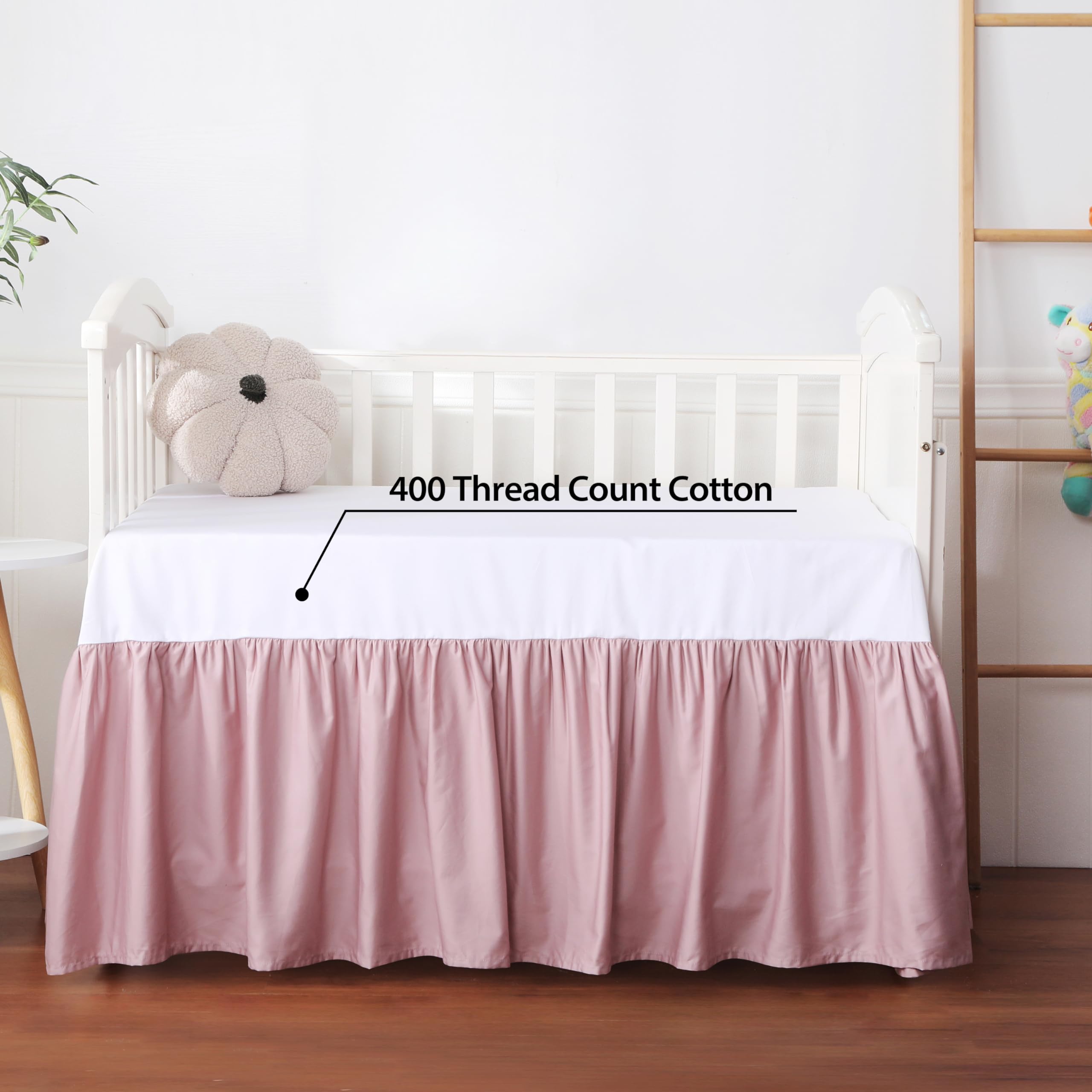 Crib Skirt Dust RuffleCrib Skirt Dust Ruffle, 100% Egyptian Cotton 400 Thread Count Soft Breathable Crib Bedding Skirt for Baby, Boys and Girls, Fading Resistant (Pink)