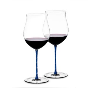 luxu wine glasses(32oz) with long blue stem & clear base,luxury crystal red & white wine glasses set of 2, hand blown,new world designed goblet in premium box,perfect idea for wine lovers