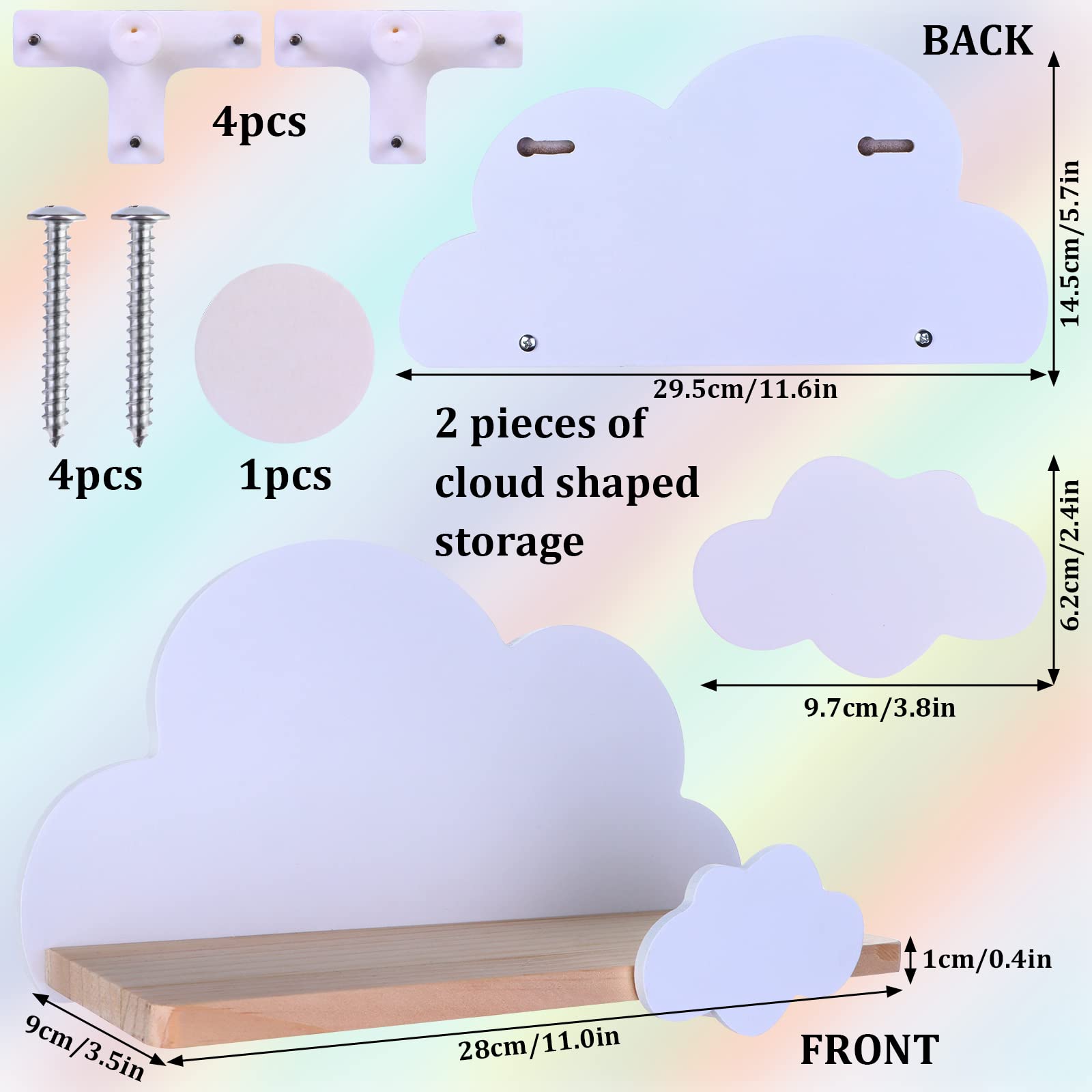 Haomian 2Pcs Cloud Shelves for Children’s Nursery Or Bedroom,Kids Nursery Room Shelves,Floating Bedroom Baby Book Shelf Storage Shelf, Cloud Floating Wooden Shelf Wall Decoration,White