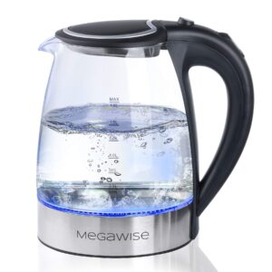 megawise 1.8l healthy electric kettle, 1000w borosilicate glass tea kettle with food grade material, auto shut-off and boil-dry protection cordless kettle fast boiling, bpa free
