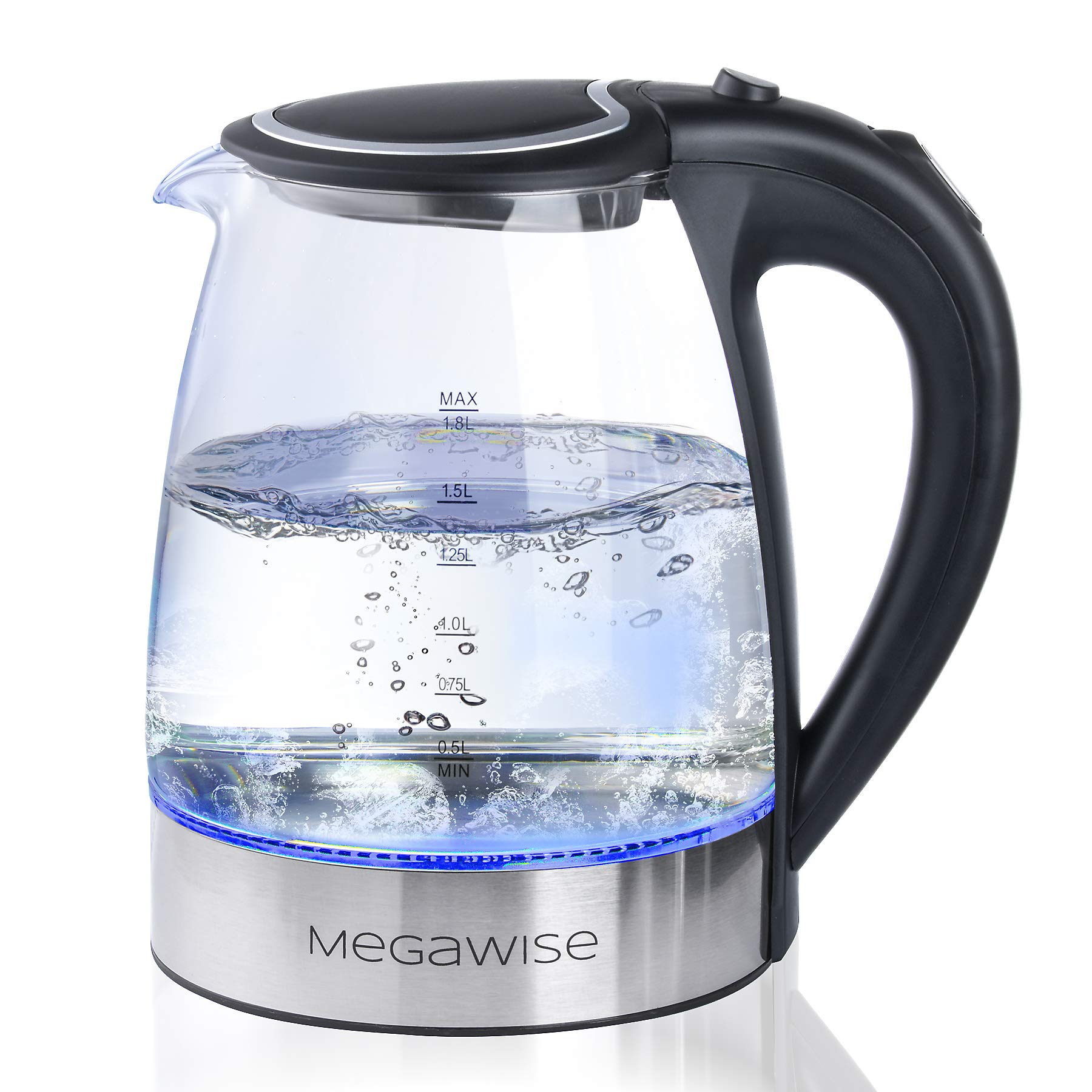 MEGAWISE 1.8L Healthy Electric Kettle, 1000W Borosilicate Glass Tea Kettle with Food Grade Material, Auto Shut-Off and Boil-Dry Protection Cordless Kettle Fast Boiling, BPA Free