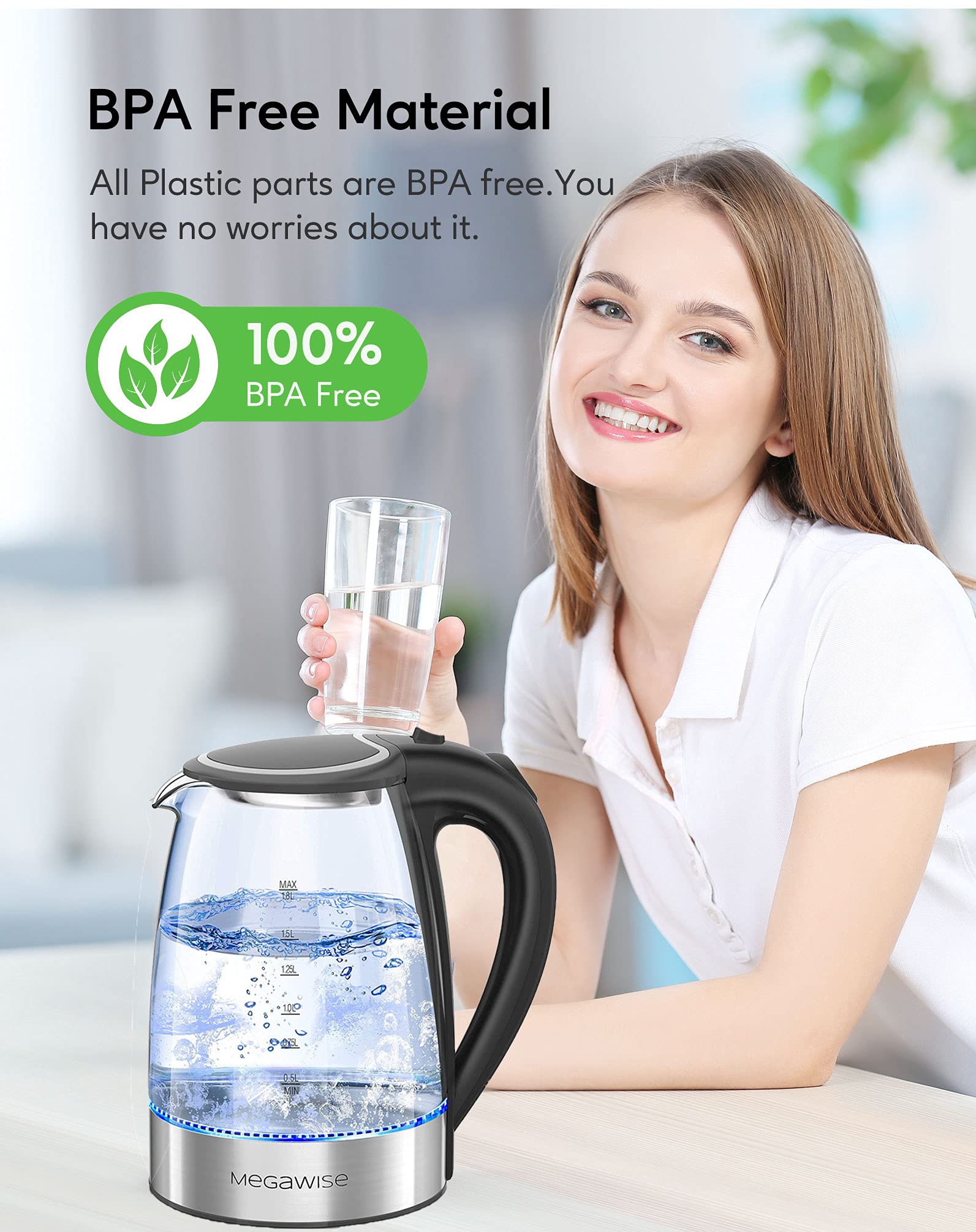 MEGAWISE 1.8L Healthy Electric Kettle, 1000W Borosilicate Glass Tea Kettle with Food Grade Material, Auto Shut-Off and Boil-Dry Protection Cordless Kettle Fast Boiling, BPA Free