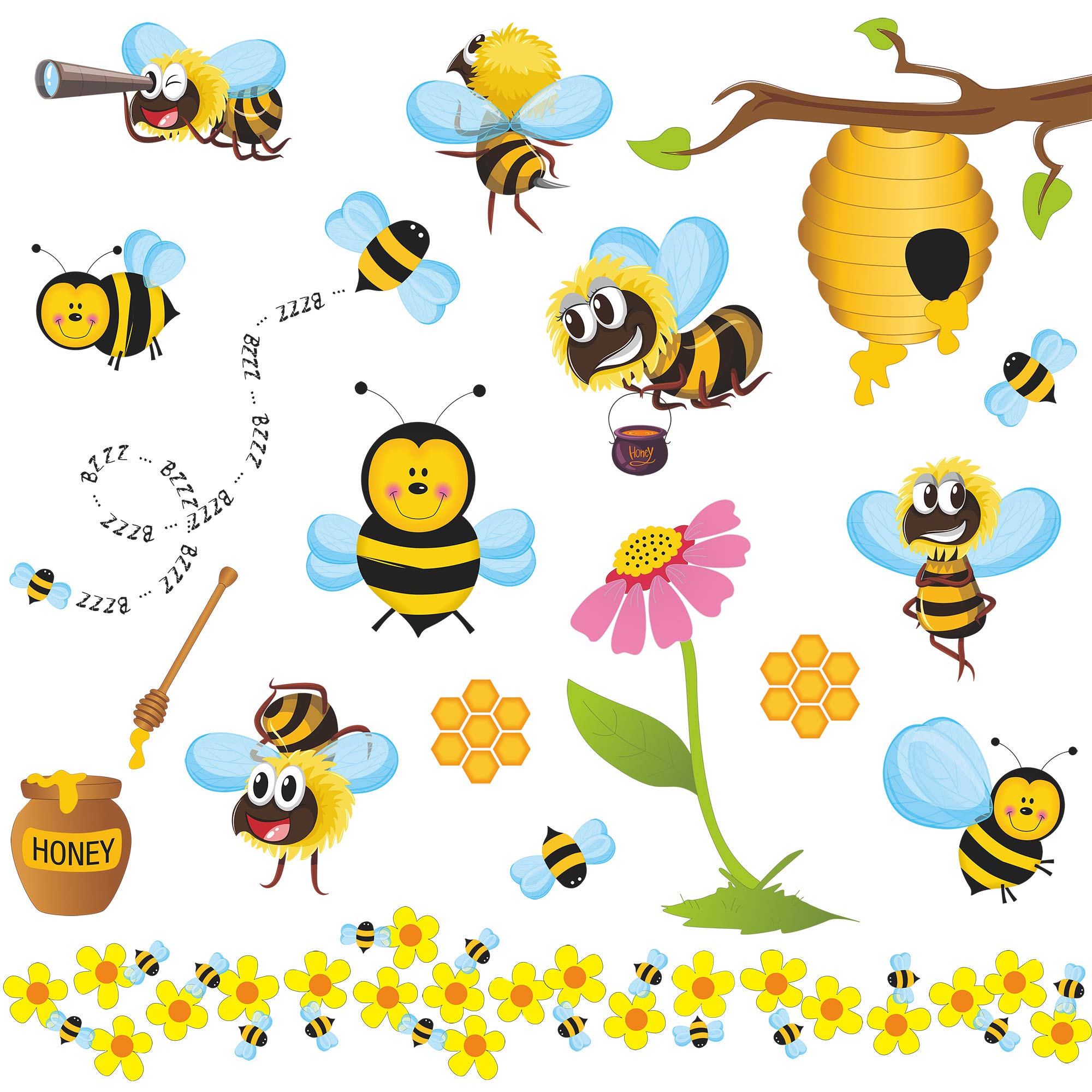 RW-1061 3D Bee Wall Decals Bee Flowers Wall Stickers Cartoon Animals Stickers DIY Removable Animals Tree Branch Wall Art Decor for Kids Babys Nursery Bedroom Living Room Playroom Classroom Decoration