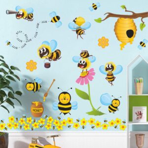 RW-1061 3D Bee Wall Decals Bee Flowers Wall Stickers Cartoon Animals Stickers DIY Removable Animals Tree Branch Wall Art Decor for Kids Babys Nursery Bedroom Living Room Playroom Classroom Decoration