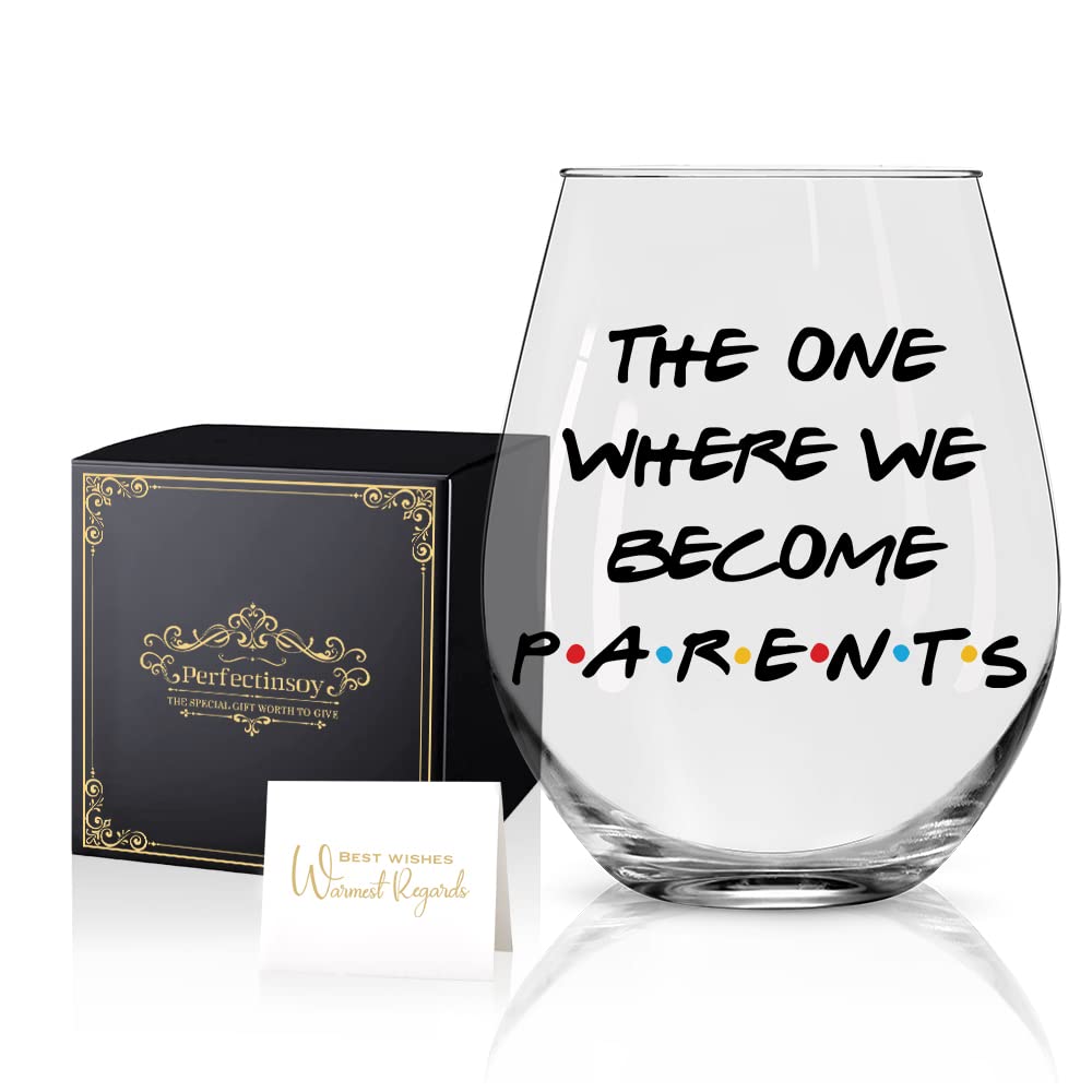 Perfectinsoy The One Where We Become Parents Wine Glass with Gift Box, Mother's Day Gift for Women, Her, Girls, Friends, BFF, Sisters, Grandma, Aunt, New Dad Mom Gift, Pregnancy Announcement