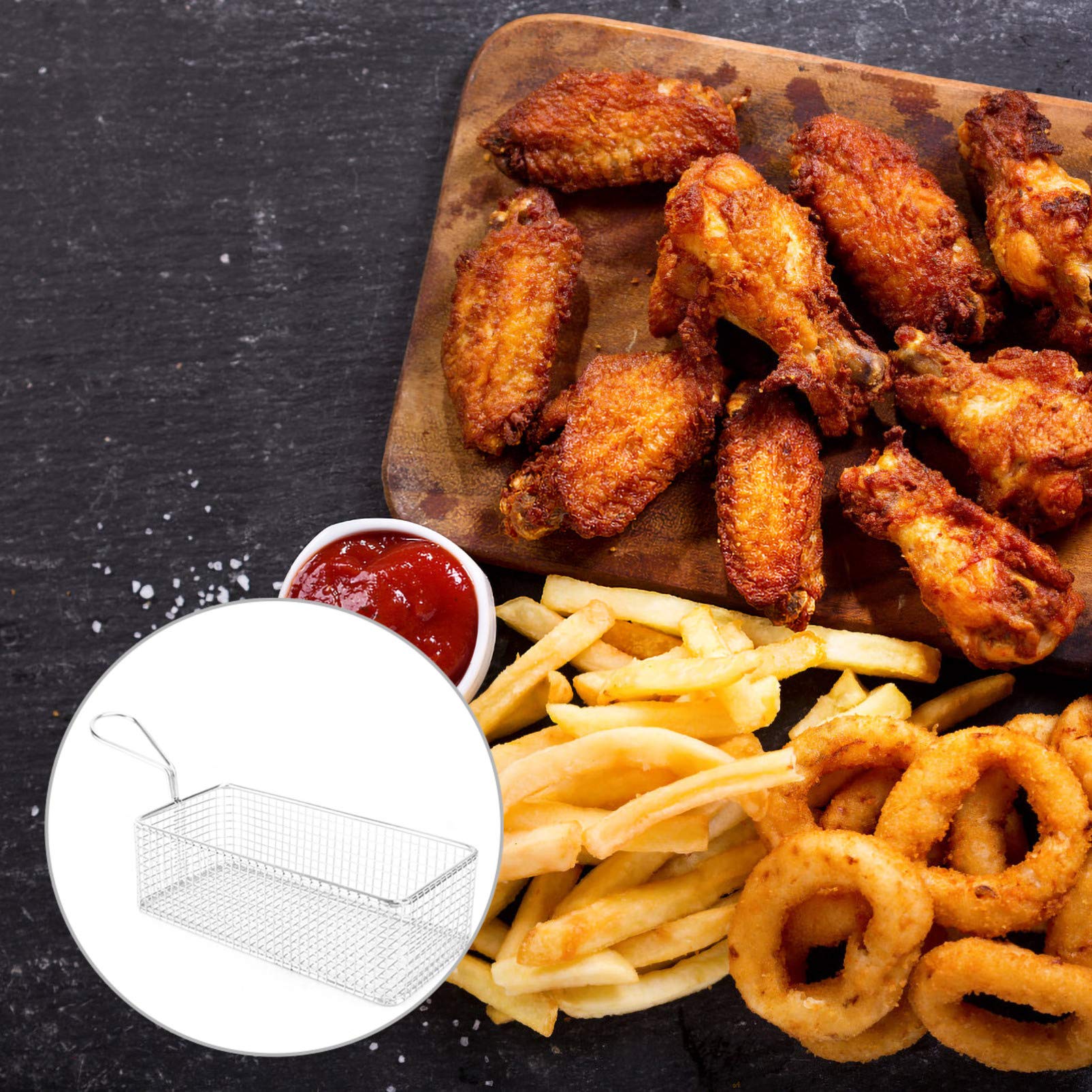 YARDWE Snack Serving Round Serving Tray Frying Basket for Pot Deep Fryer Basket Turkey Fryer Basket Food Tray French Fries Basket Stainless Steel Fry Basket Frying Pan Rectangle