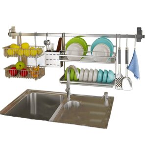 Hanging Dish Drying Rack Orgainzer Set Wall Mount Over the Sink with Utensil Holder, Colture Kitchen Dishes Plate shelf Organizers with Removable 2 Tier Fruit Basket, 304 Stainless Rust Proof