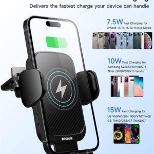 ZOOAUX Wireless Car Charger Vent Mount, 15W Fast Charging Auto-Clamping Car Mount, Air Vent Car Phone Holder for iPhone 15/15 Pro/14/13 Pro/XS/XR/X/8,Samsung S24/S23/22/S21/S10 (Black)