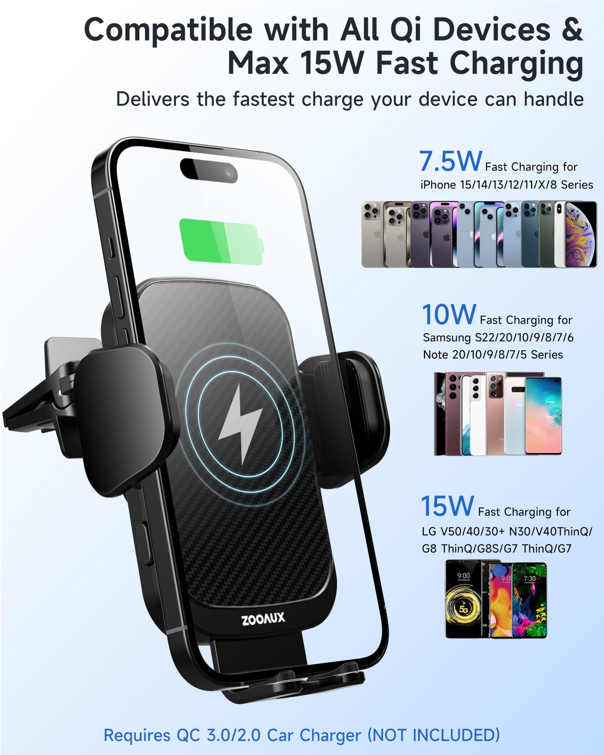 ZOOAUX Wireless Car Charger Vent Mount, 15W Fast Charging Auto-Clamping Car Mount, Air Vent Car Phone Holder for iPhone 15/15 Pro/14/13 Pro/XS/XR/X/8,Samsung S24/S23/22/S21/S10 (Black)