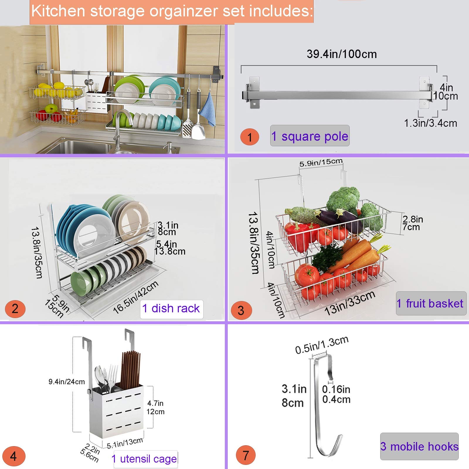 Hanging Dish Drying Rack Orgainzer Set Wall Mount Over the Sink with Utensil Holder, Colture Kitchen Dishes Plate shelf Organizers with Removable 2 Tier Fruit Basket, 304 Stainless Rust Proof