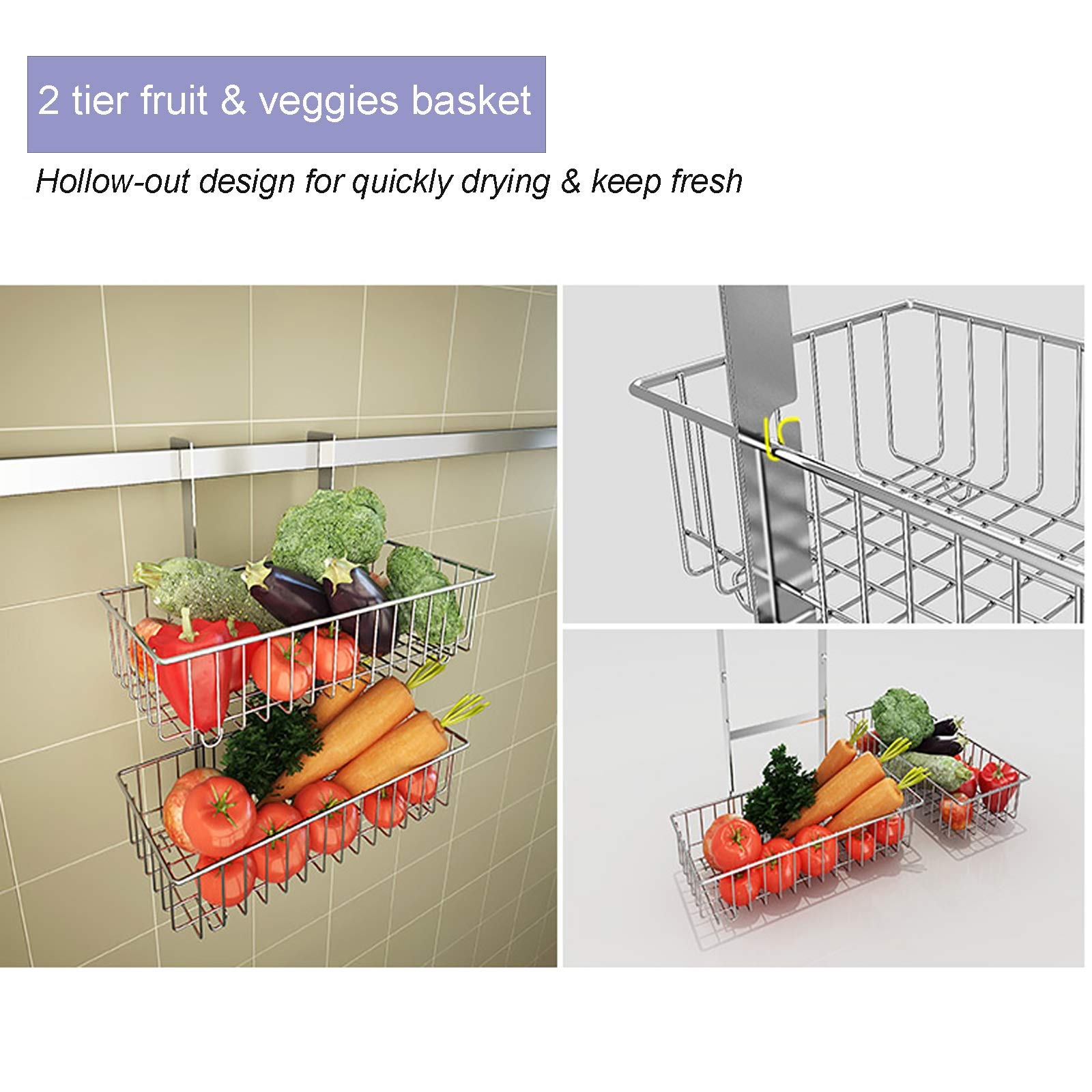 Hanging Dish Drying Rack Orgainzer Set Wall Mount Over the Sink with Utensil Holder, Colture Kitchen Dishes Plate shelf Organizers with Removable 2 Tier Fruit Basket, 304 Stainless Rust Proof