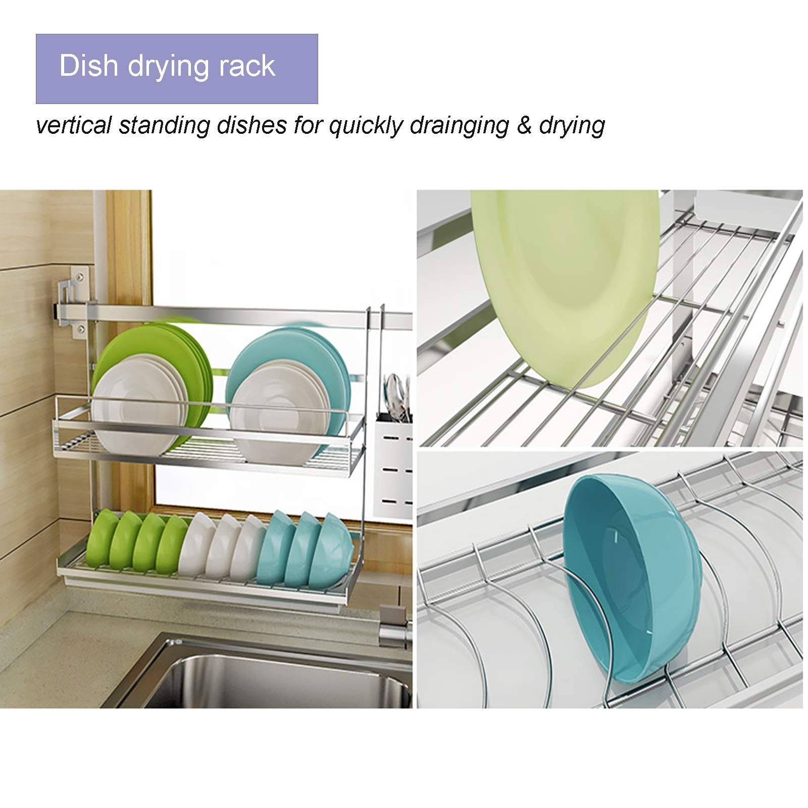 Hanging Dish Drying Rack Orgainzer Set Wall Mount Over the Sink with Utensil Holder, Colture Kitchen Dishes Plate shelf Organizers with Removable 2 Tier Fruit Basket, 304 Stainless Rust Proof