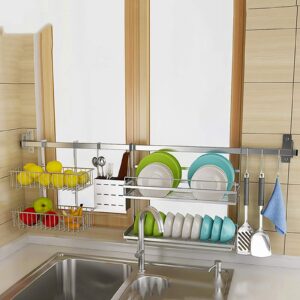 Hanging Dish Drying Rack Orgainzer Set Wall Mount Over the Sink with Utensil Holder, Colture Kitchen Dishes Plate shelf Organizers with Removable 2 Tier Fruit Basket, 304 Stainless Rust Proof