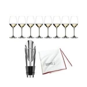 riedel extreme riesling wine glass set of 4( 2-pack, clear) with large microfiber polishing cloth and wine pourer bundle (4 items)