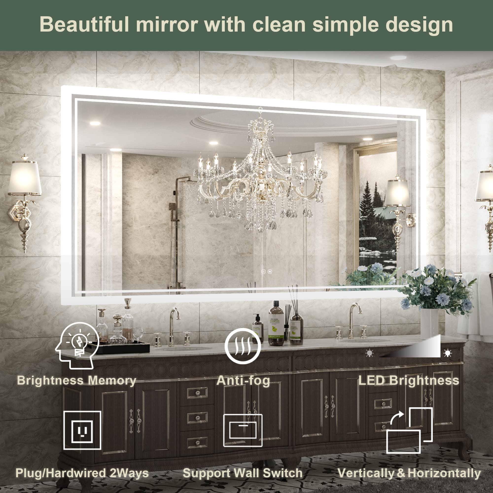 TokeShimi 72x36 Inch Bathroom LED Mirror 3-Color Fashion Style Vanity Make-up Mirror with Light Anti-Fog & Dimmer Touch Switch Adjustable Lights White/Warm/Natural Wall Mounted