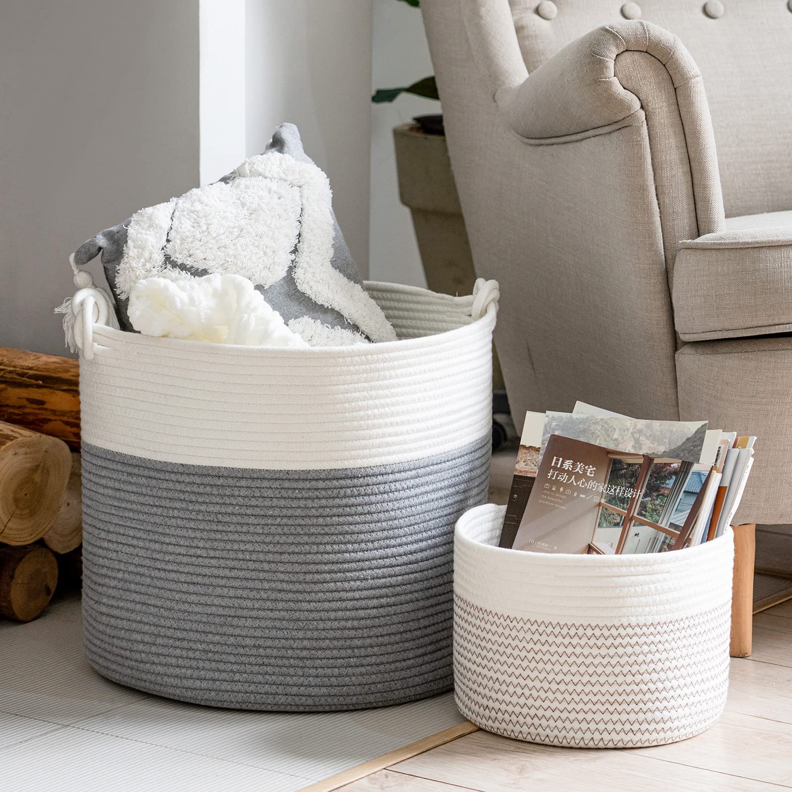 Goodpick Cute Cotton Rope Basket And Large Blanket Storage Basket (Set of 2)