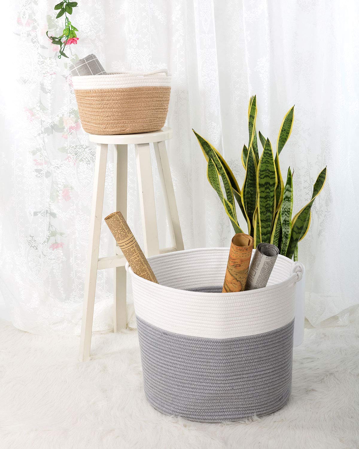 Goodpick Cute Cotton Rope Basket And Large Blanket Storage Basket (Set of 2)