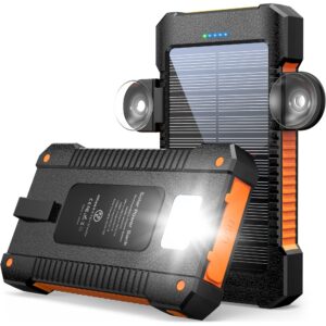 metfut solar power bank 38800mah, solar charger with suction cup mount three modes flashlight-steady/sos/strobe ipx7 waterproof/dustproof/shockproof external battery pack 3 usb charging ports(orange)