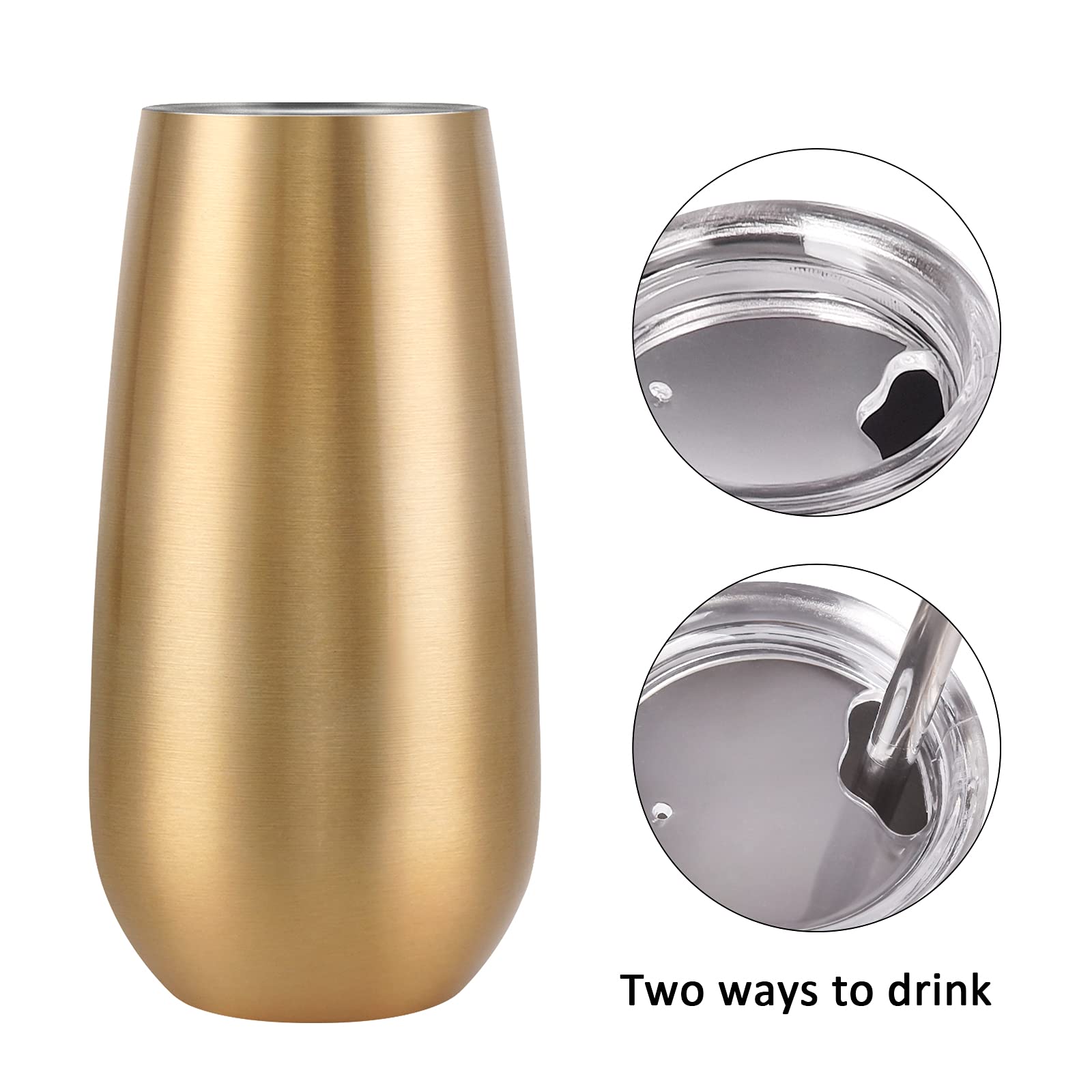 6 Pack Stemless Double Insulated Champagne Flute Tumbler with Lid, 6 Oz Unbreakable Reusable Cocktail Cups Champagne Toasting Glasses, Birthday Christmas Gifts for Friends, Wine Glass Tumbler, Golden