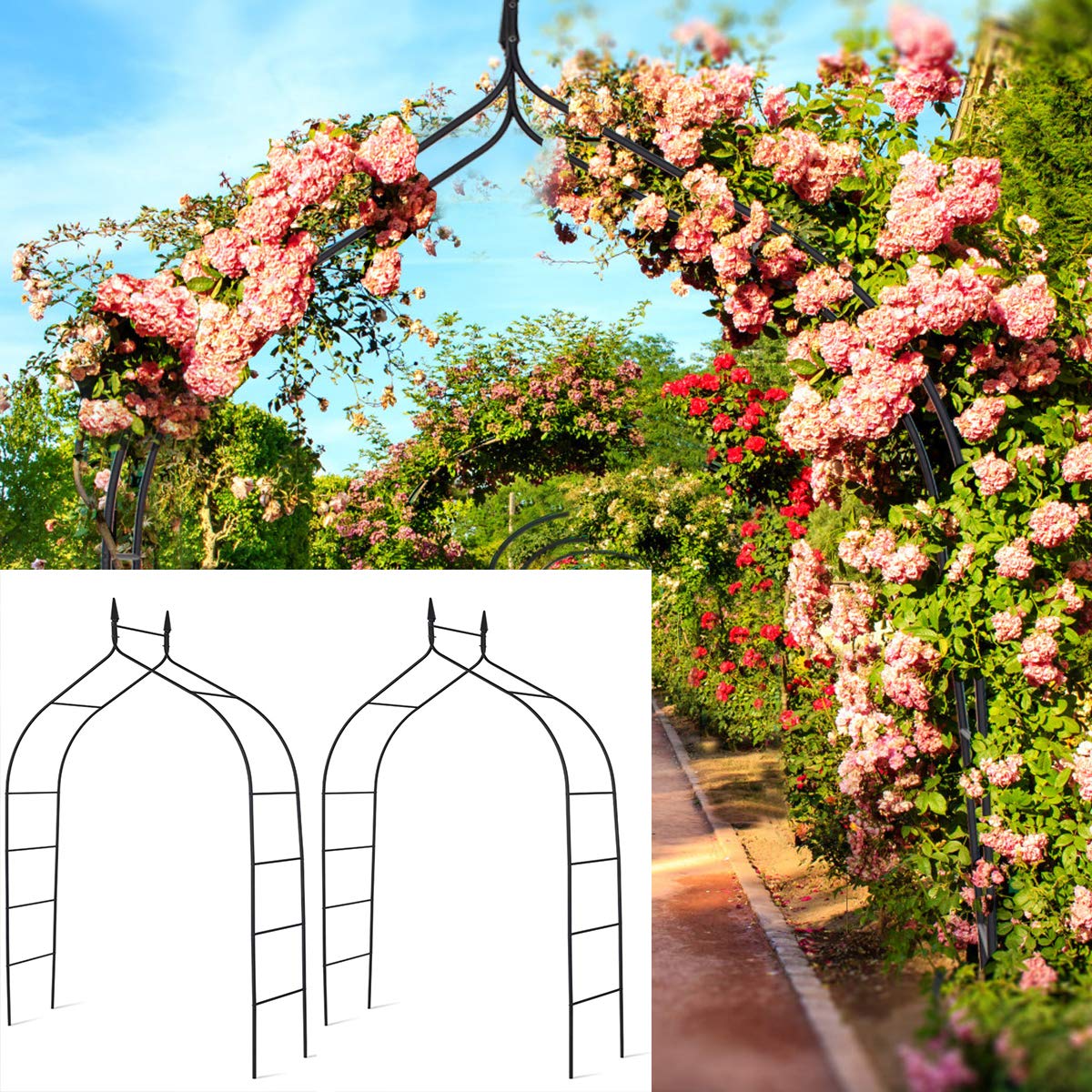 Giantex Set of 2 Metal Garden Arbor Wedding Arch, 8.4 Ft High x 4.6 Ft Wide, Pergola Arbor for Climbing Plant Roses Vines, Indoor Outdoor Garden Patio Bridal Party Decoration Wedding Arch (2)