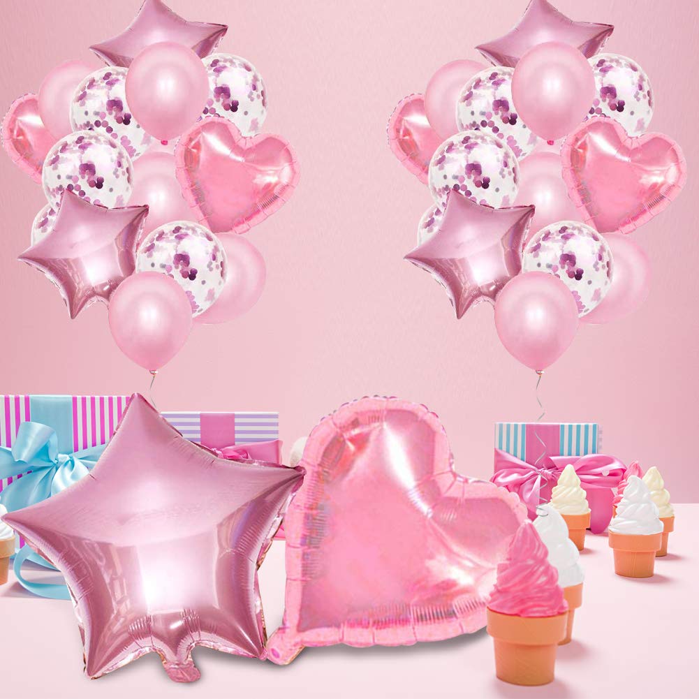 28Pcs Balloon Happy Birthday Party Decorations For Women Confetti Balloons 18" Star Heart Foil Balloons Wedding Decorations Helium Ballons Girl Boy Baby Shower (pink)