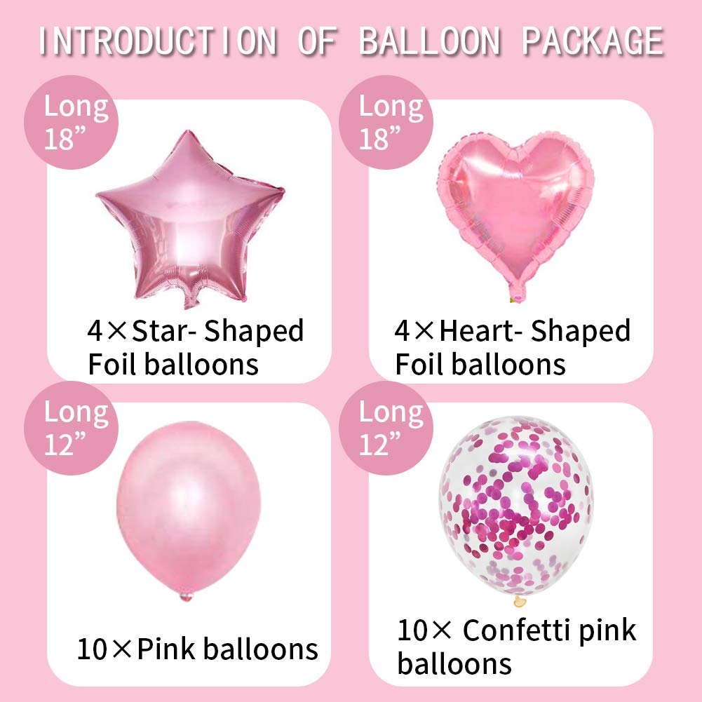 28Pcs Balloon Happy Birthday Party Decorations For Women Confetti Balloons 18" Star Heart Foil Balloons Wedding Decorations Helium Ballons Girl Boy Baby Shower (pink)