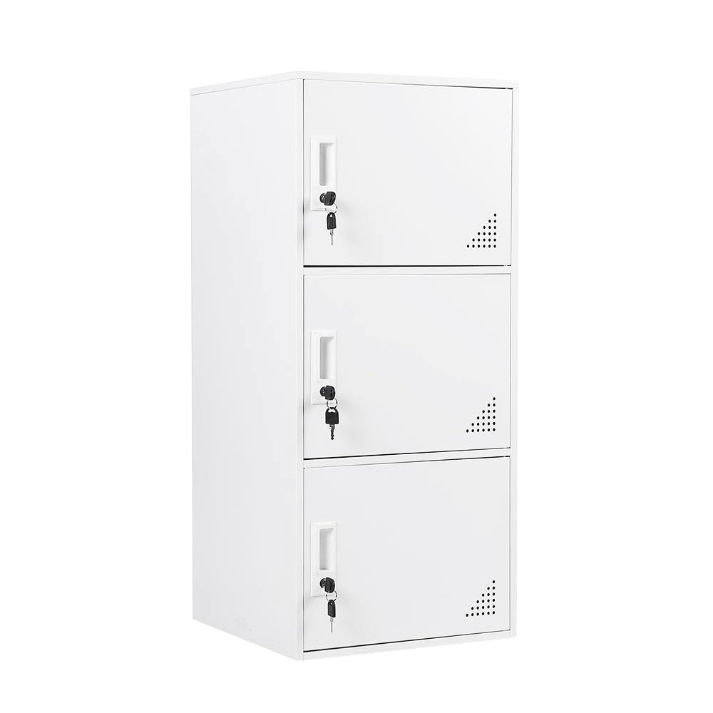 iCHENGGD 3 Door Metal Locker Steel Storage Cabinet, Office Storage Lockers for Employees, Vertical Metal Cabinets for Home,Office,School,Room Storage Organizer (White)