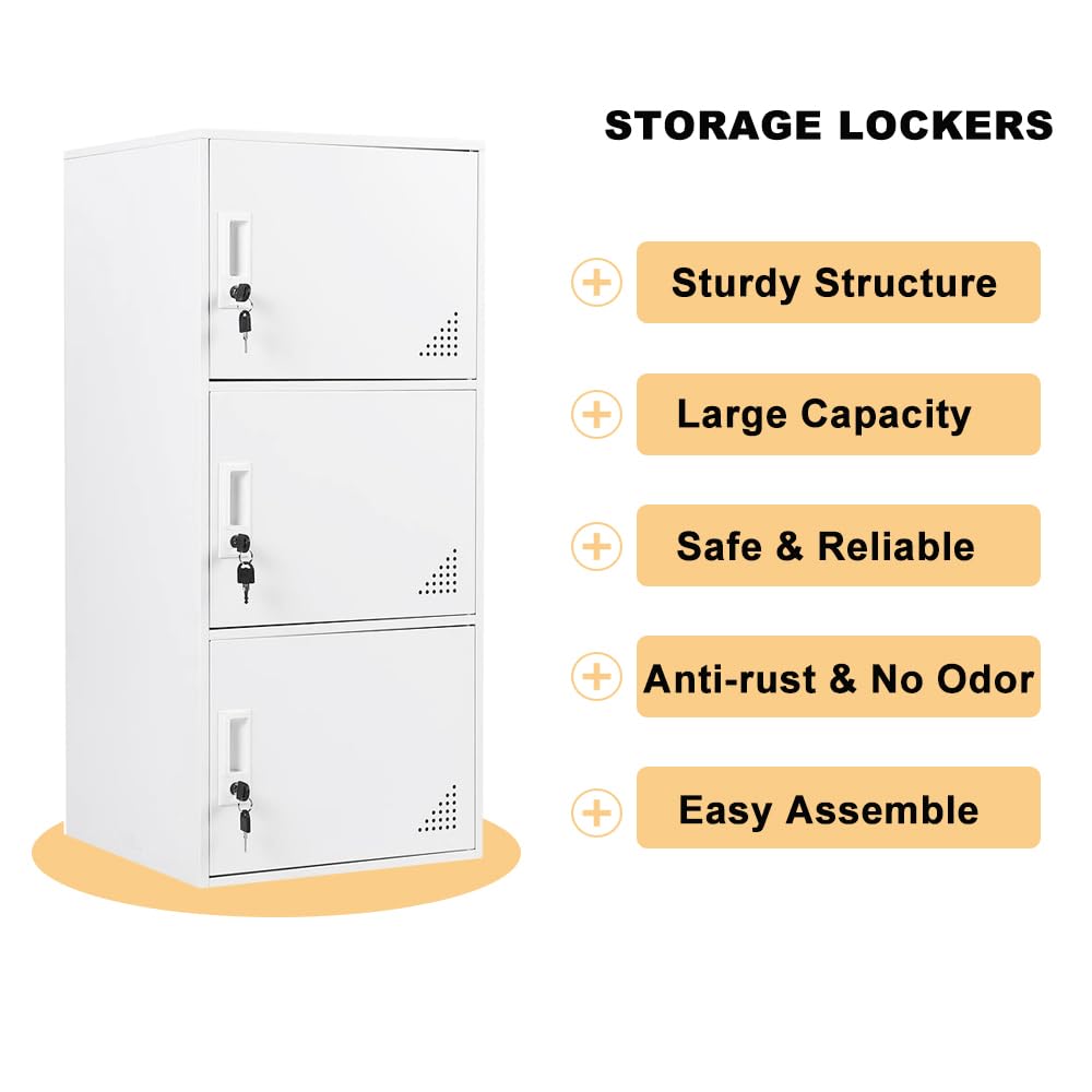 iCHENGGD 3 Door Metal Locker Steel Storage Cabinet, Office Storage Lockers for Employees, Vertical Metal Cabinets for Home,Office,School,Room Storage Organizer (White)