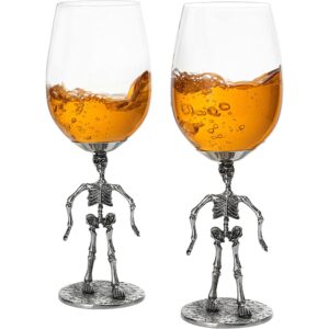 the wine savant stemmed skeleton wine glass set of 2 12oz skeleton glasses 10" h, goth gifts, skeleton gifts, skeleton decor, spooky wine gift set, perfect for themed parties!