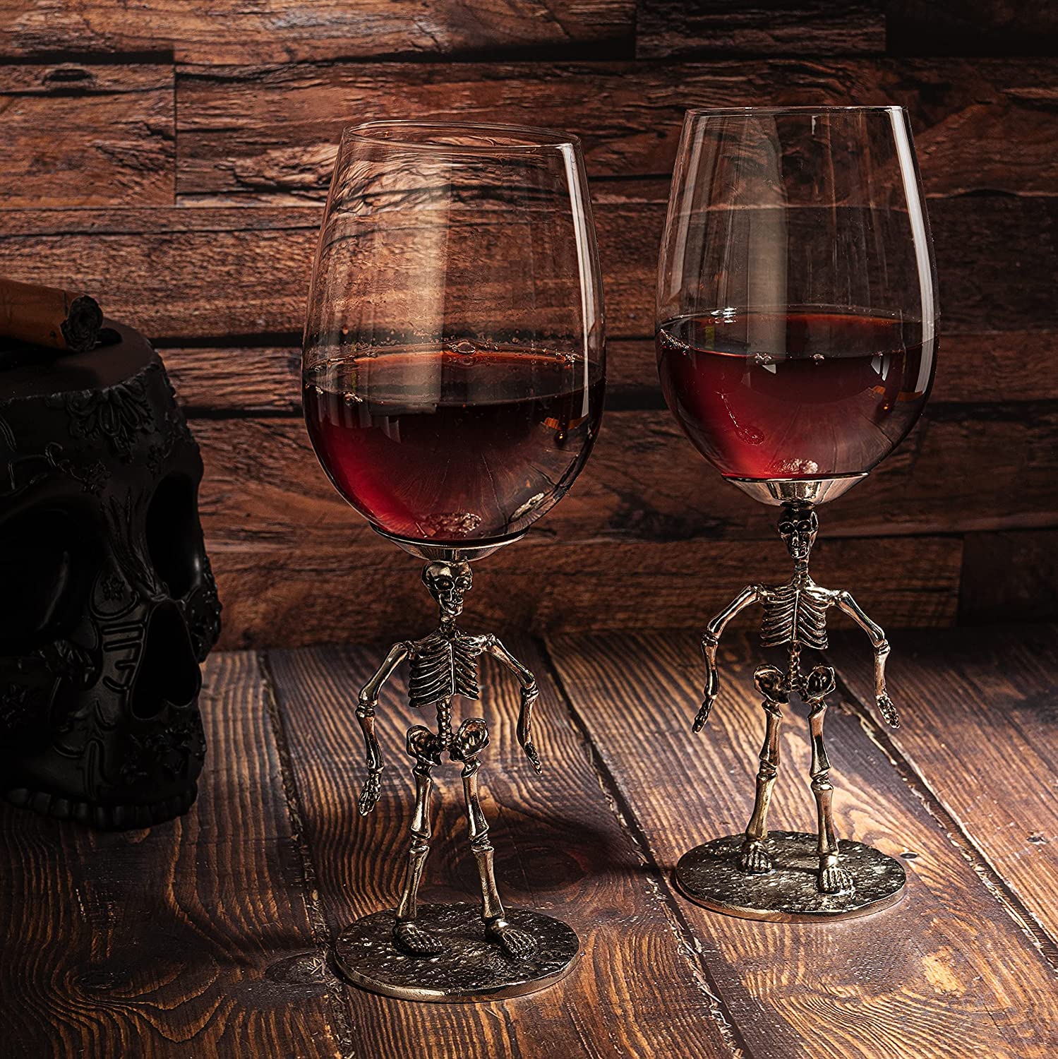 The Wine Savant Stemmed Skeleton Wine Glass Set of 2 12oz Skeleton Glasses 10" H, Goth Gifts, Skeleton Gifts, Skeleton Decor, Spooky Wine Gift Set, Perfect for Themed Parties!